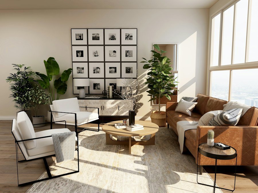 Sala principal de la villa con muebles claros y techo alto